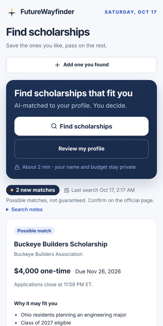 FutureWayfinder Find: AI scholarship search (sample data)