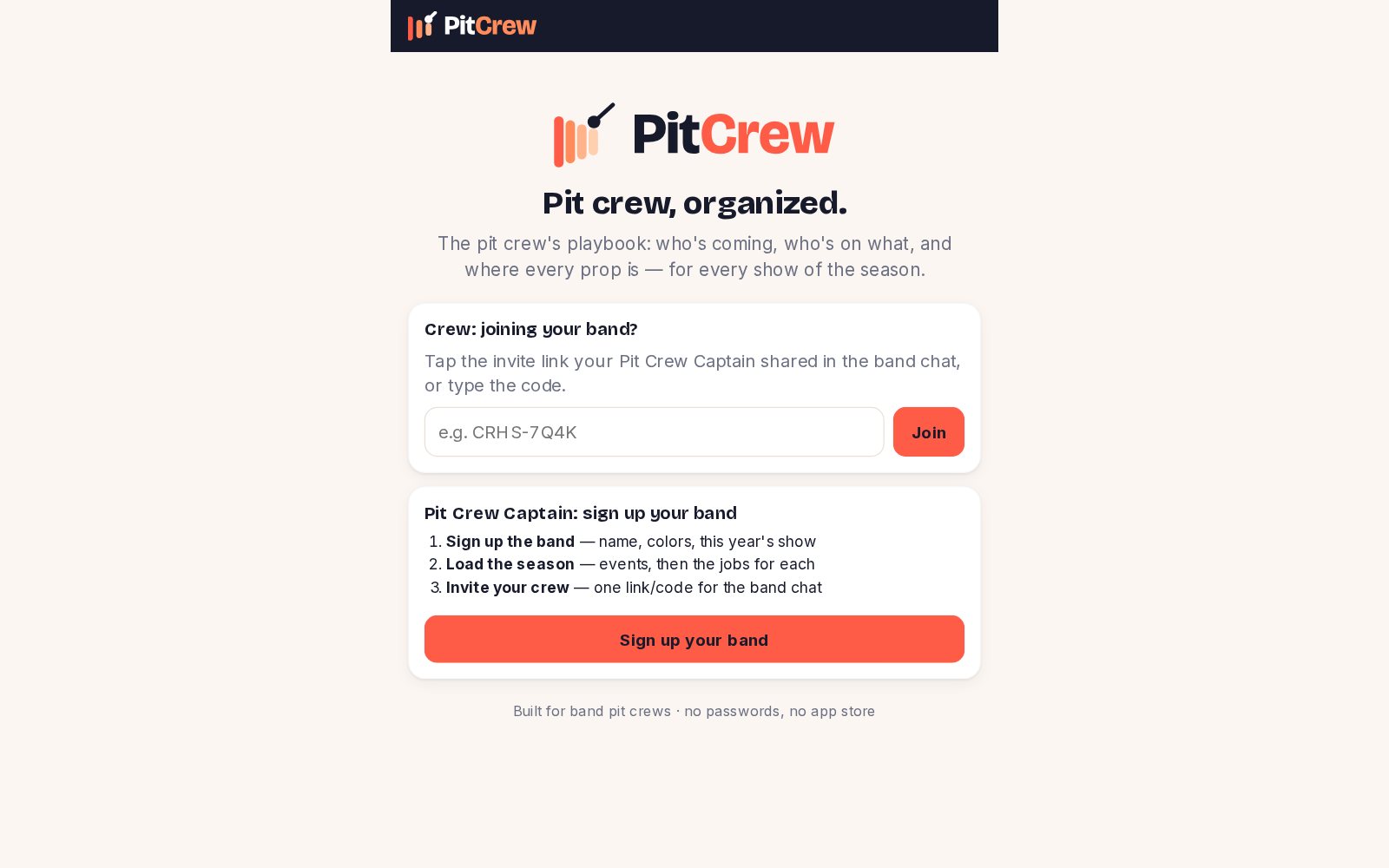 PitCrew home screen on desktop