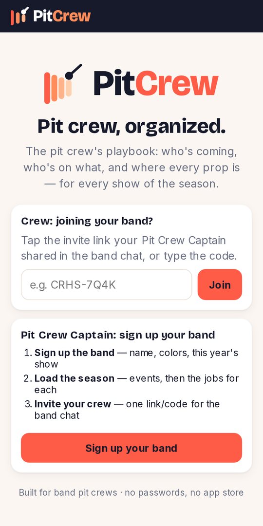 PitCrew home screen on a phone: join a crew or sign up a band