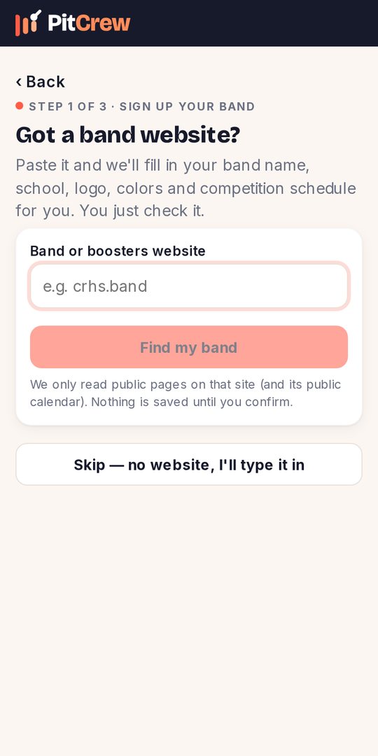PitCrew captain sign-up, starting from the band's website