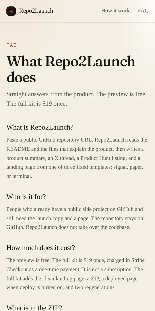 Repo2Launch FAQ on a phone