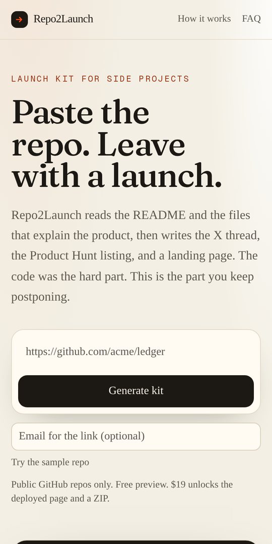 Repo2Launch on a phone: paste a repo