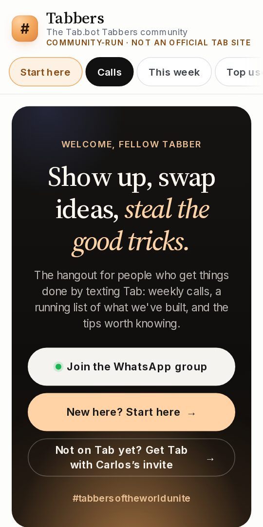 Tabbers home page on a phone