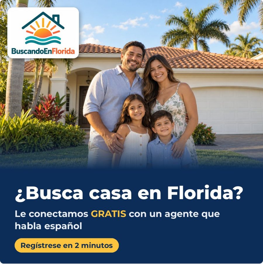 BuscandoEnFlorida ad creative: a family in front of a Florida home
