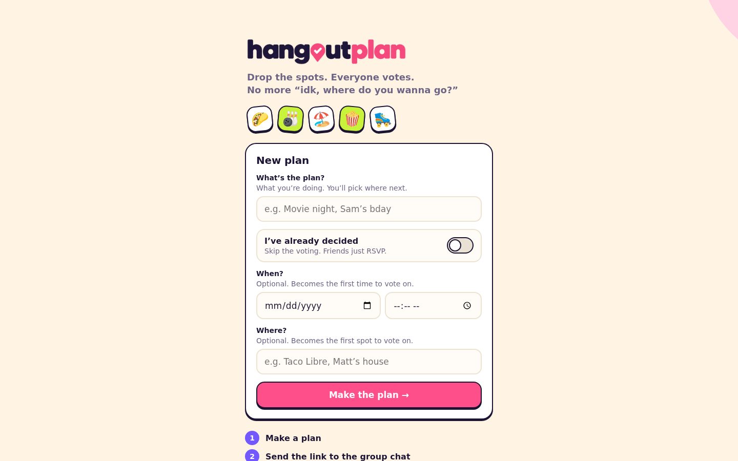Hangout plan creation screen
