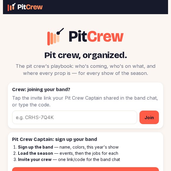PitCrew home screen