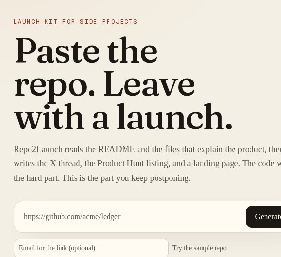 Repo2Launch home screen