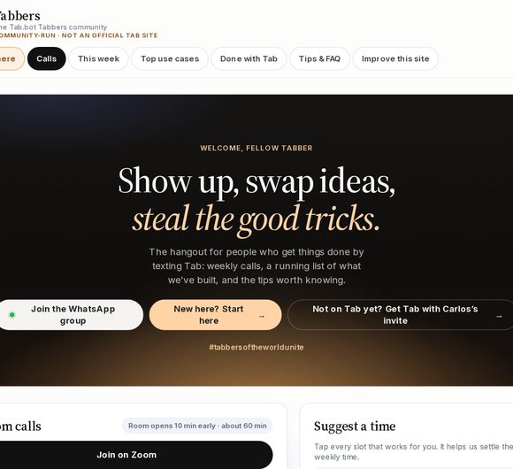 Tabbers community hub home page
